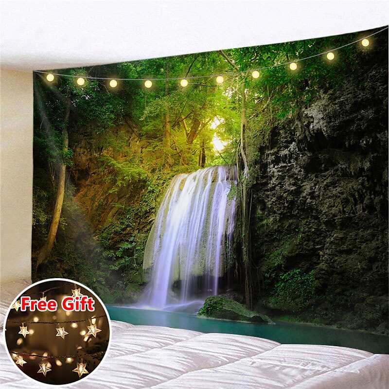 Landscape LED Lights Wall Tapestry Art Decor Forest River Waterfall Print