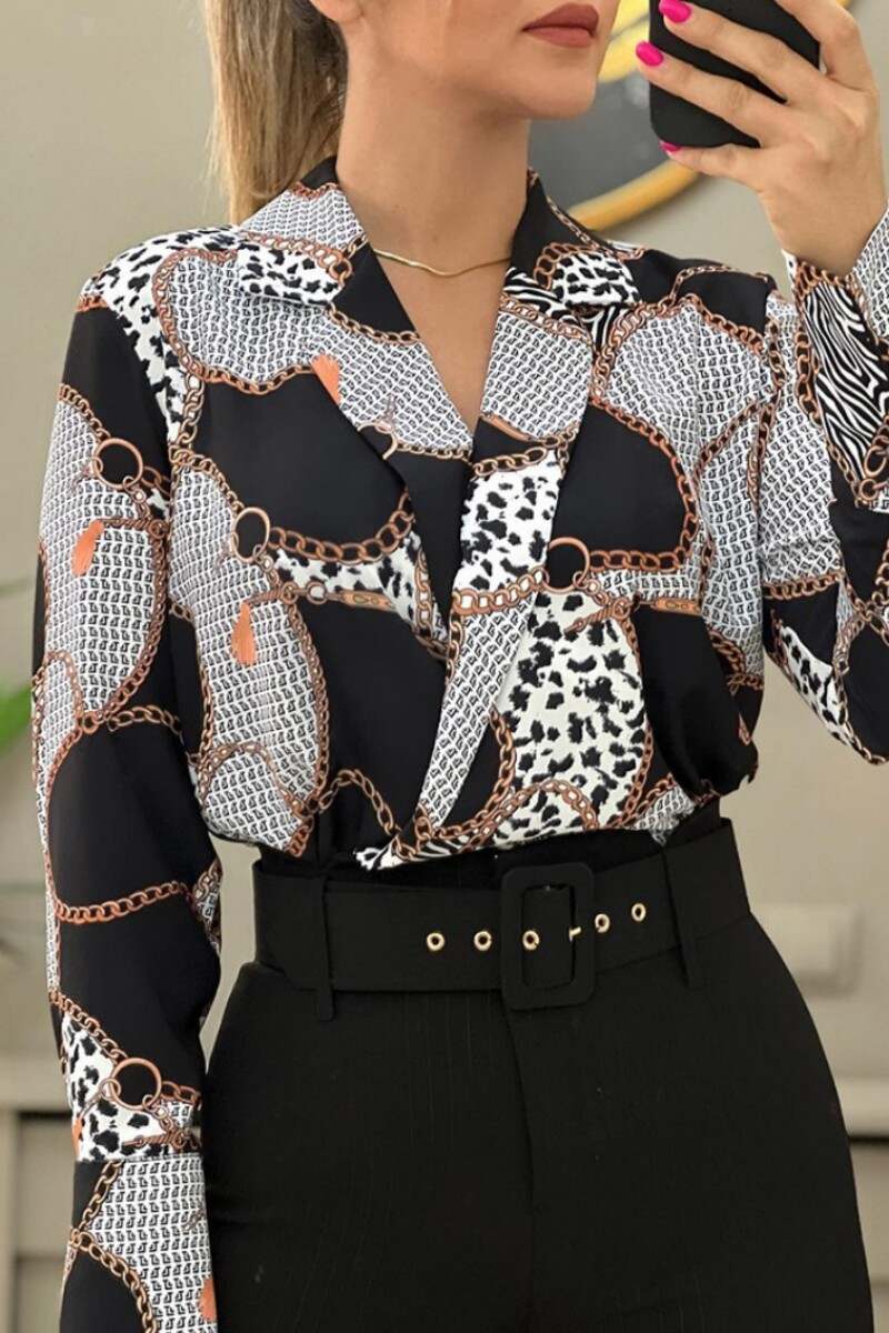 Black White Casual Print Basic Turndown Collar Tops