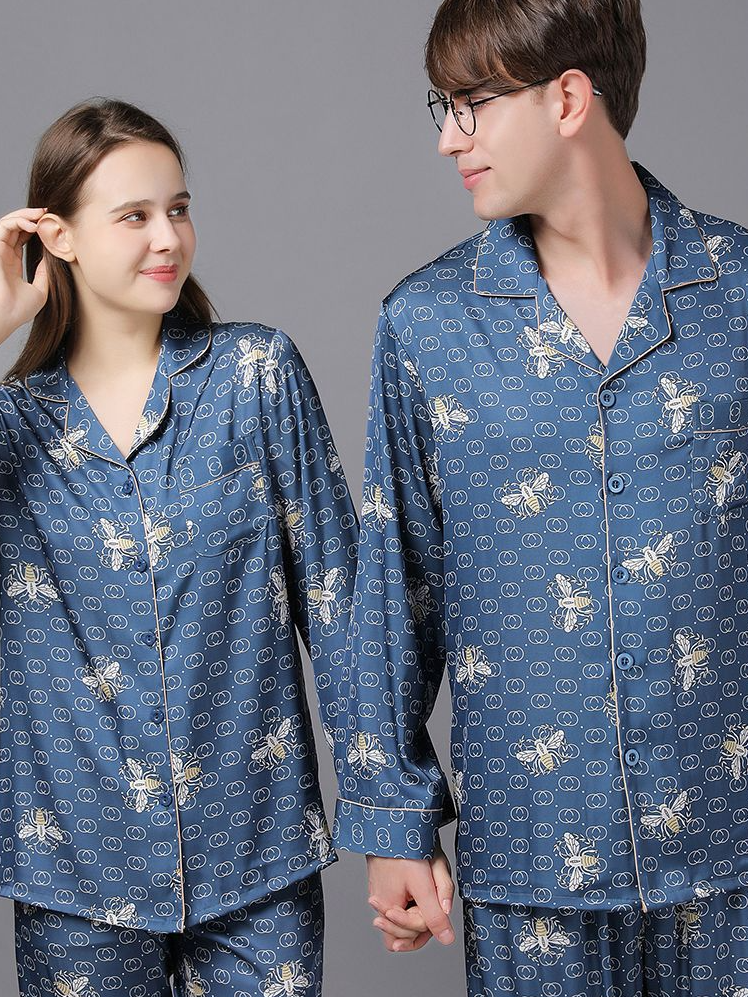 Regular Fit V Neck Animal Print Casual Long Sleeve Couple Pajama Set