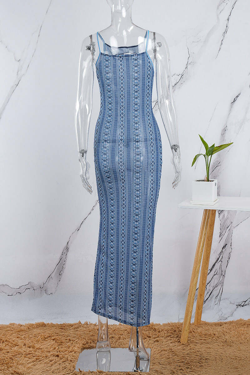 Blue Sexy Patchwork Hollowed Out Backless Spaghetti Strap Long Dress Dresses