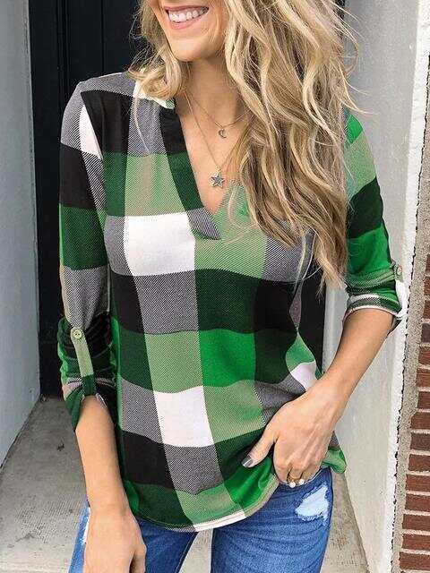 Long Sleeve Plaid Print V-neck Tops