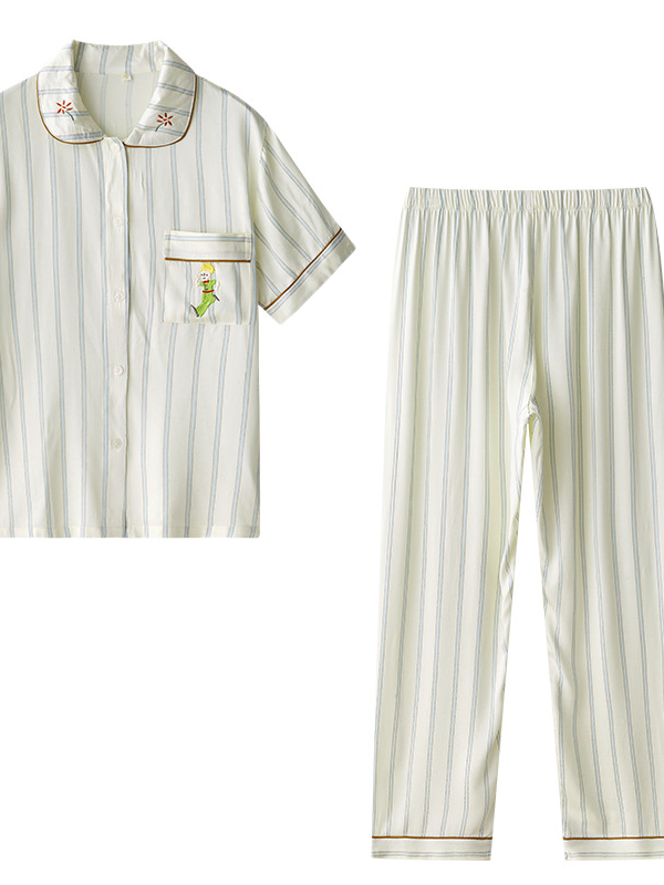 Rayon satin Regular Short/Long Sleeve Regular Fit Simple Striped Satin Pajama Set