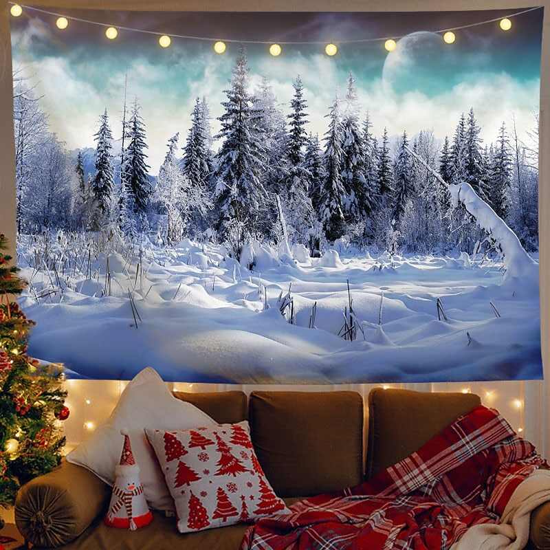 Christmas Decor LED Lights Wall Tapestry Snow Forest Christmas Tree Print