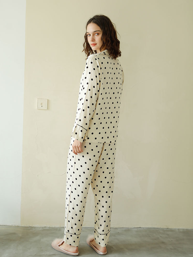 Regular Fit V Neck Polka Dots Elegant Long Sleeve Pajama Set