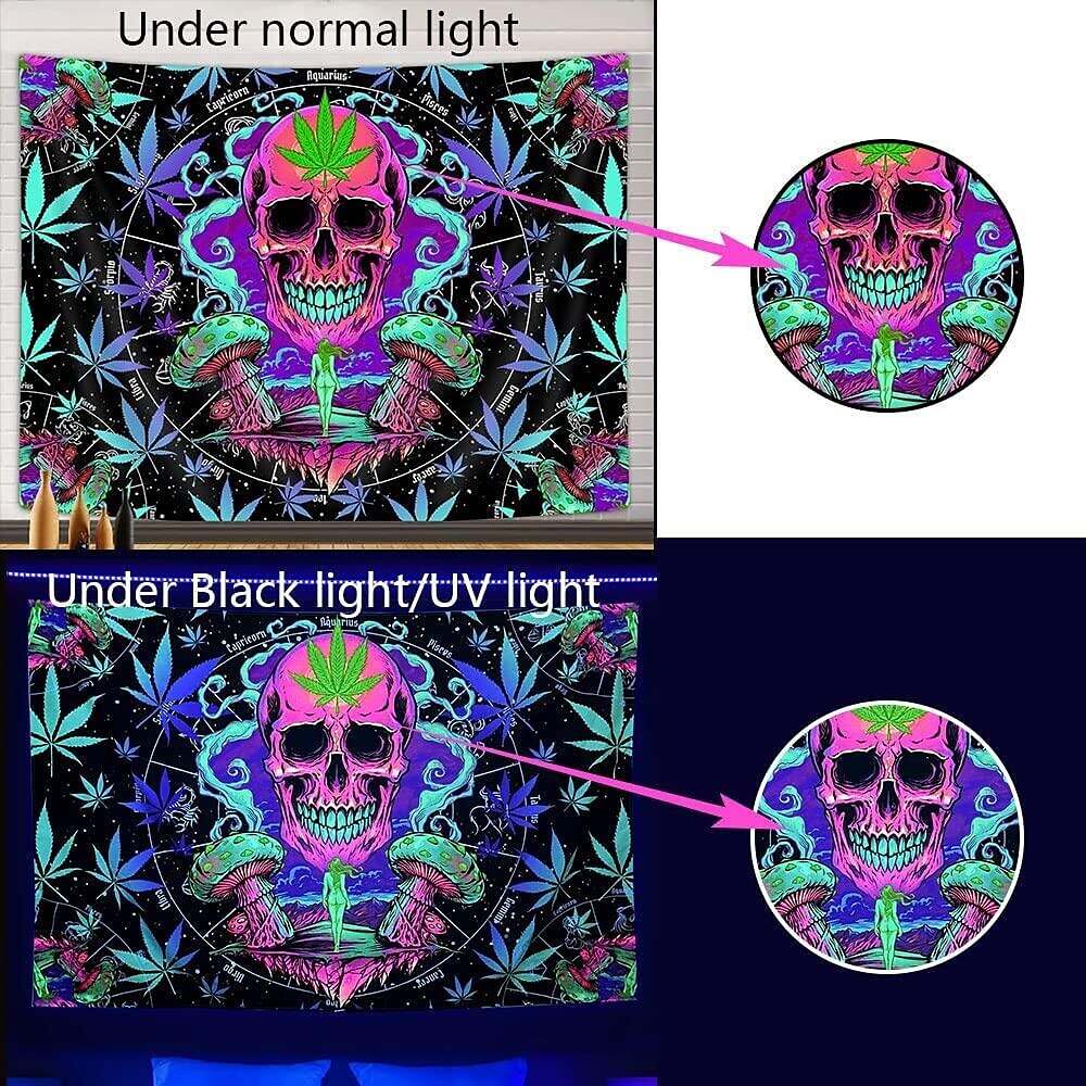 Blacklight Tapestry UV Reactive Trippy Misty Skull Weed