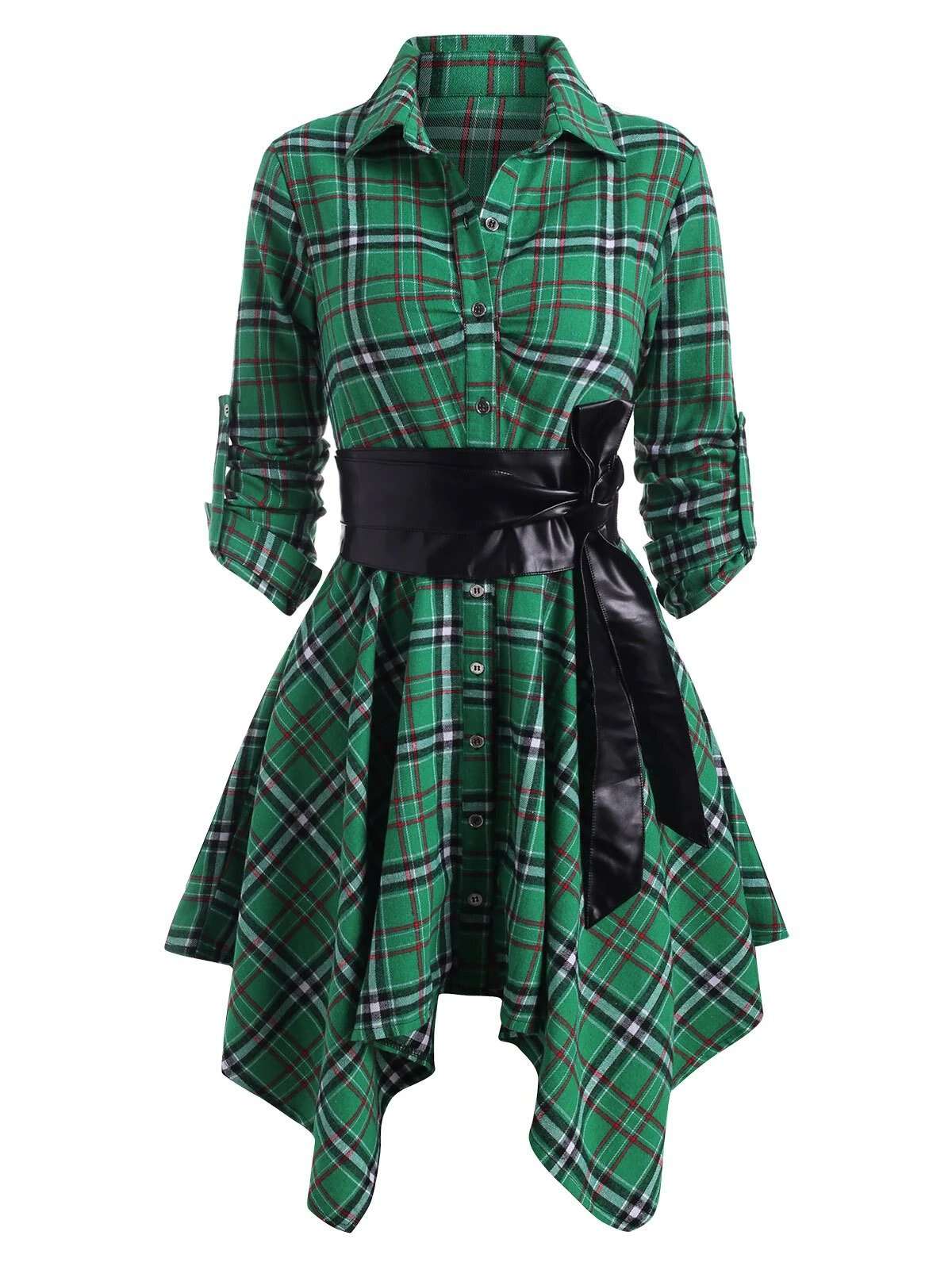 Plaid Belted Roll Tab Sleeve Handkerchief Dress