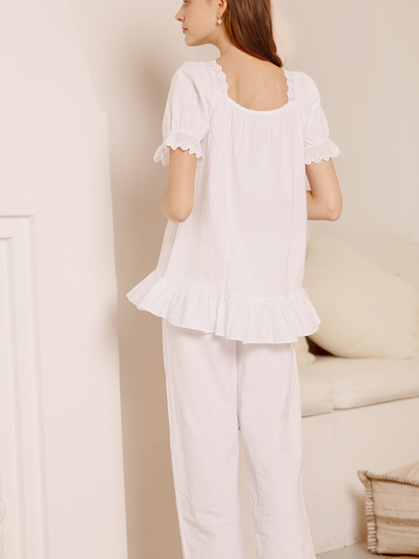 Cotton Casual Lace Loose Short Sleeve Pajama Set