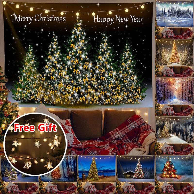 Christmas Decor LED Lights Wall Tapestry Snow Forest Christmas Tree Print