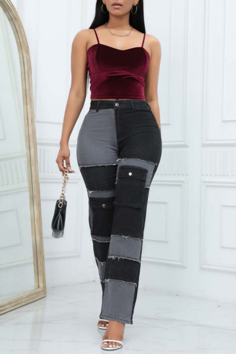 Black Casual Patchwork Contrast High Waist Regular Denim Jeans