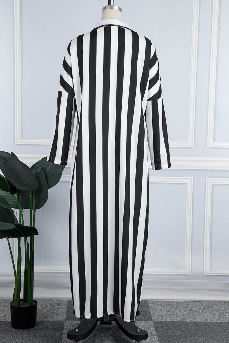 White Casual Striped Print Patchwork Turndown Collar Shirt Dress Dresses