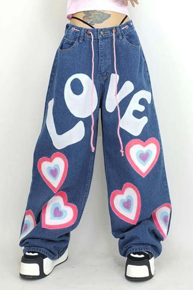 Blue Casual Letter Print Basic Mid Waist Regular Denim Jeans