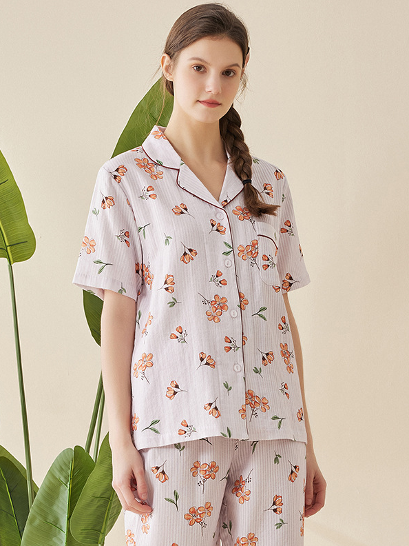 Regular Fit Simple V Neck Short Sleeve Pajama Set