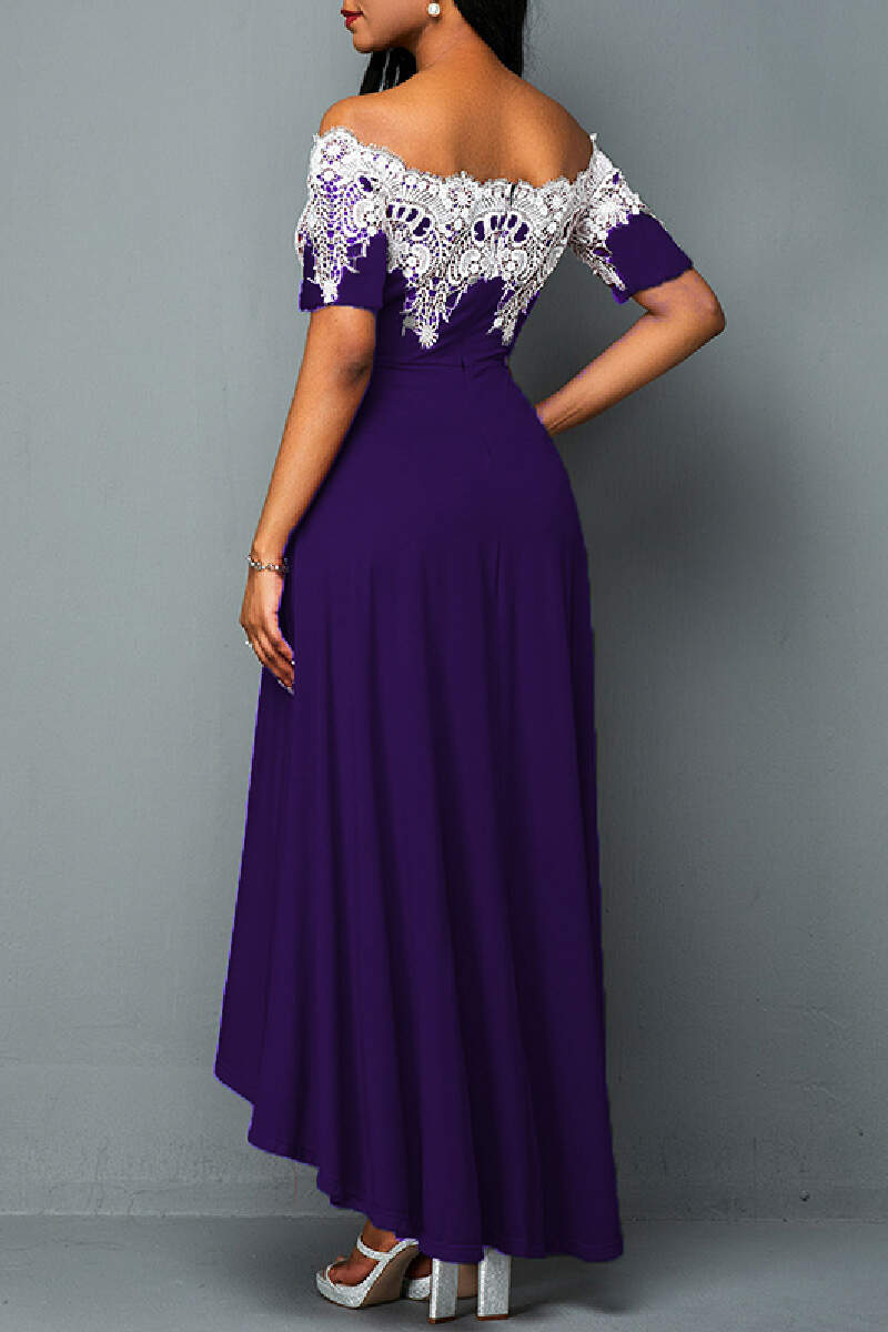 Purple Casual Embroidery Patchwork Off the Shoulder Irregular Dress Dresses