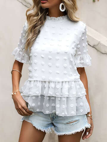 Women Blouses & Shirts | Swiss Dot Solid Ruffle Tiered Chiffon Bell Sleeve Romantic Blouse - KN24584