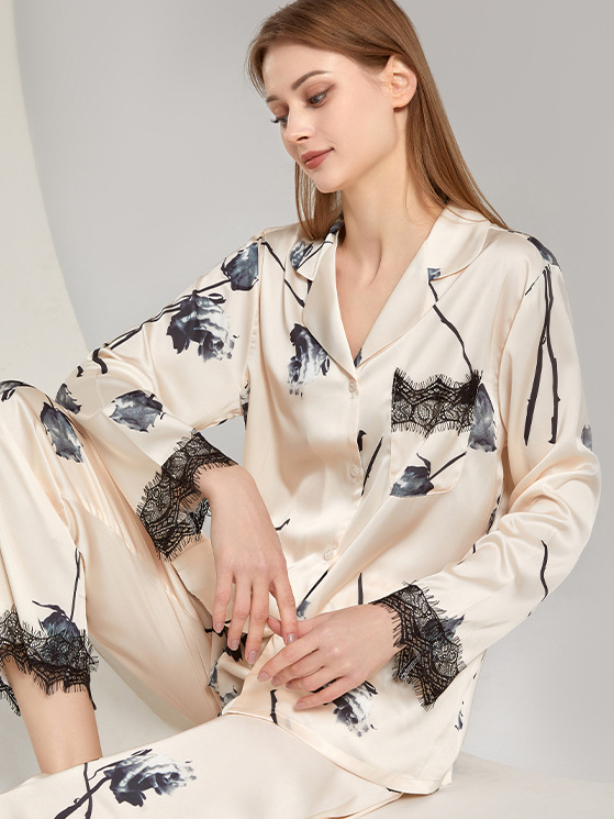 Floral Pattern Casual Loose V Neck Long Sleeve Pajama Set