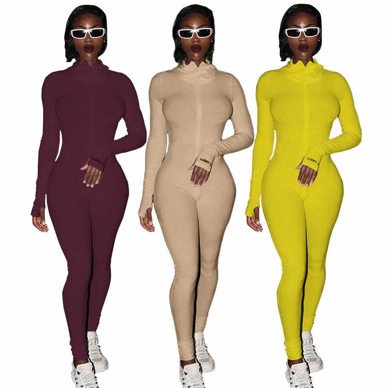 Turtleneck Knit Bodycon Fitness Playsuit Sportswear Long Sleeve Zipper Body Embroidery Lucky Rompers Womens Jumpsuit