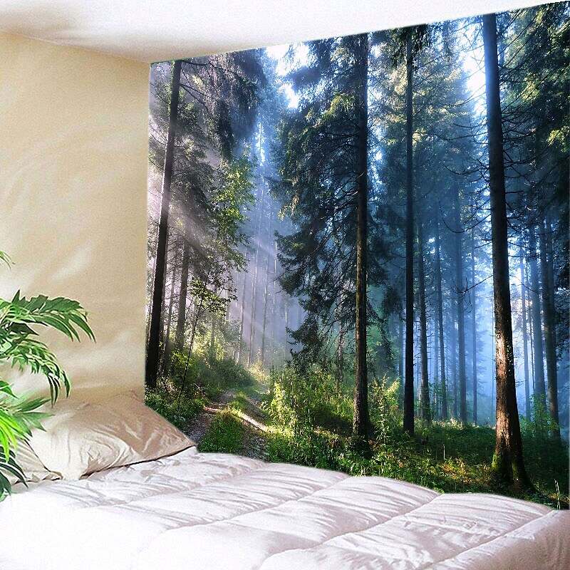 Landscape Tree Wall Tapestry Art Decor Misty Forest Nature Sunshine Through Tree