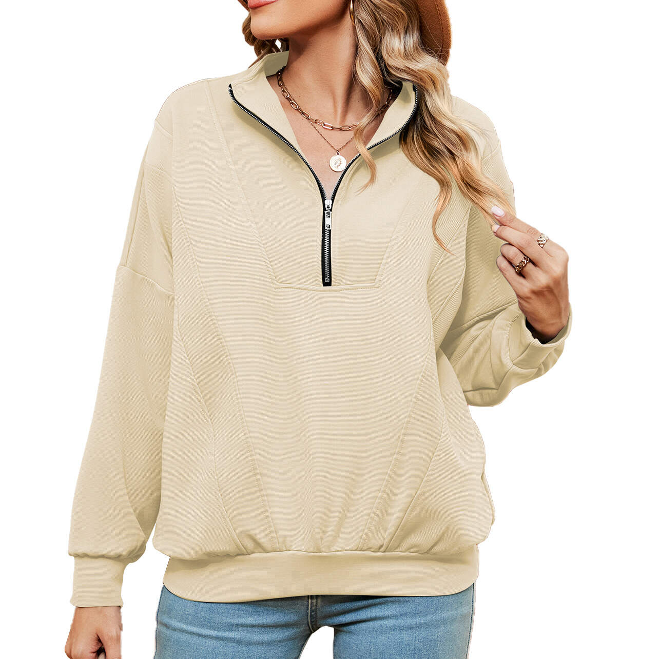 New Solid Color Zip Long Sleeve Waffle Sweatshirt - Buy 3 and get free shipping