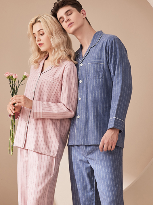 Simple Striped V Neck Regular Long Sleeve Cotton couple pajamas Set