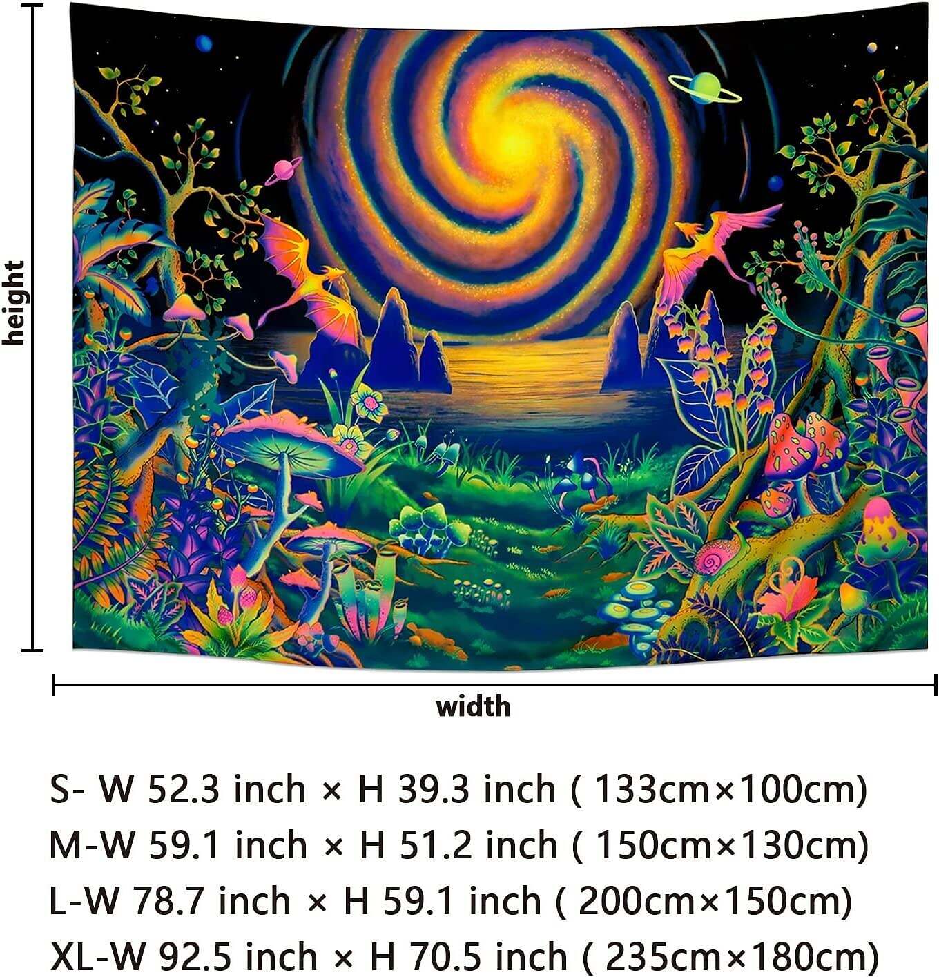 Blacklight Tapestry UV Reactive Trippy Wonderland Misty Mushroom Forest