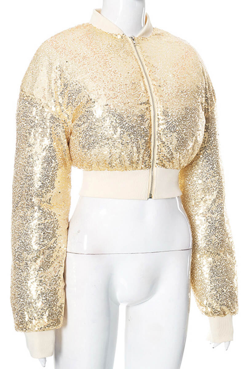 Yellow Street Solid Sequins Patchwork Zipper O Neck Outerwear