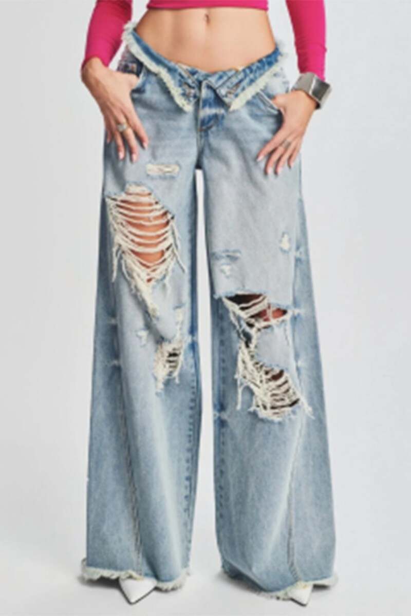 Deep Blue Casual Solid Ripped Patchwork Mid Waist Regular Denim Jeans (Subject To The Actual Object)