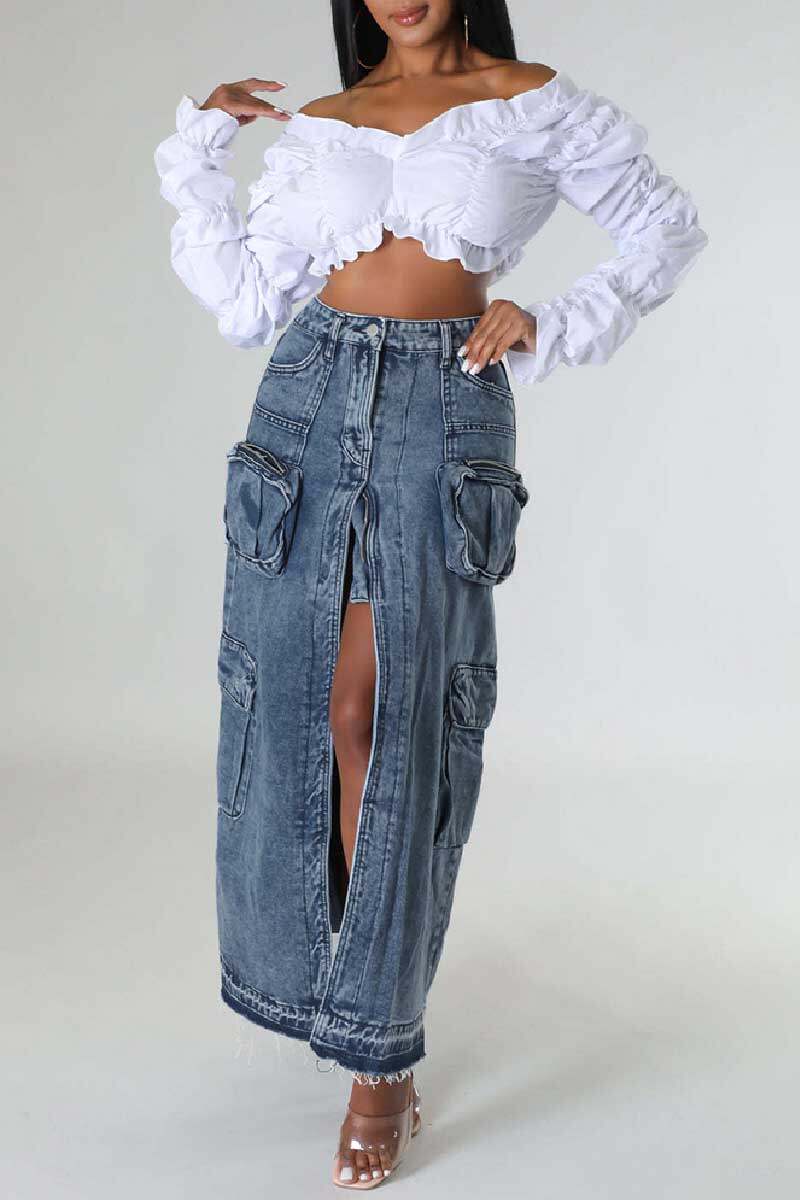 Deep Blue Casual Solid Patchwork Slit High Waist Regular Denim Skirts