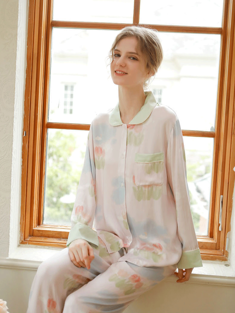 Simple Floral Loose Shawl Collar Long Sleeve Pajama Set