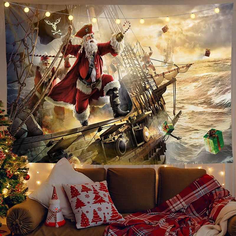 Christmas Decor LED Lights Wall Tapestry Fireplace Santa Claus Print