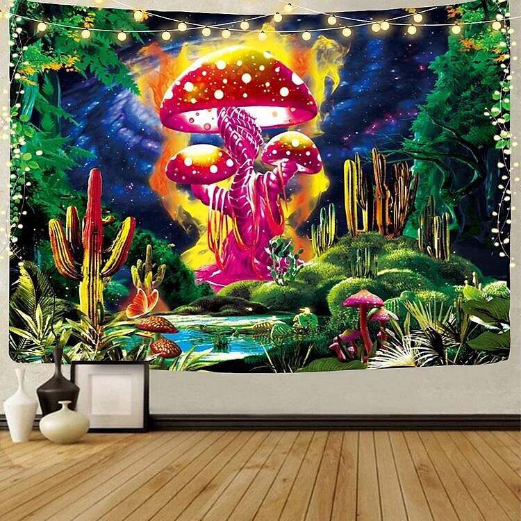 Trippy Land Black Light Tapestry UV Reactive Psychedelic Mushroom Cactus