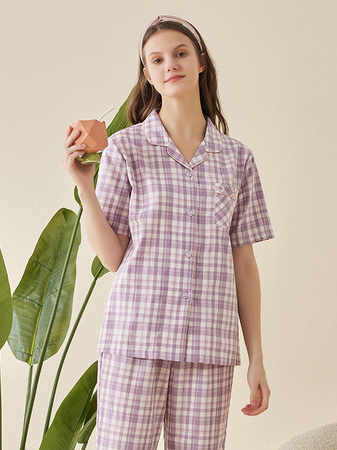 Plaid Cotton Casual V Neck Short Sleeve Couple Pajama Set