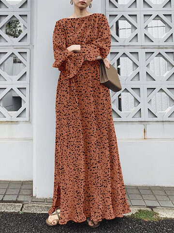 Women Maxi Dresses | Random Allover Print Slit Hem Long Sleeve Maxi Dress - TG23907