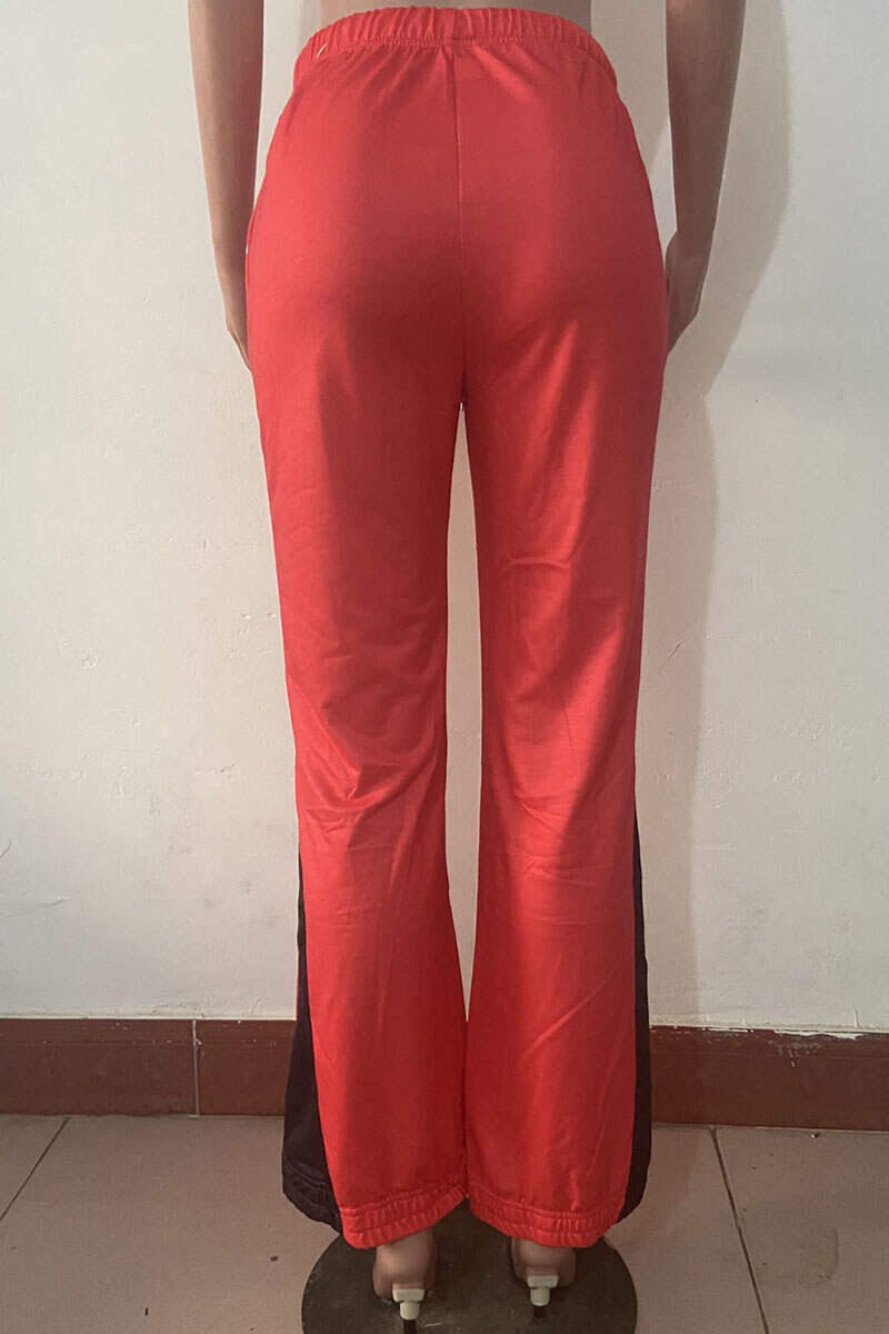 Tangerine Red Casual Print Patchwork Straight High Waist Straight Patchwork Bottoms