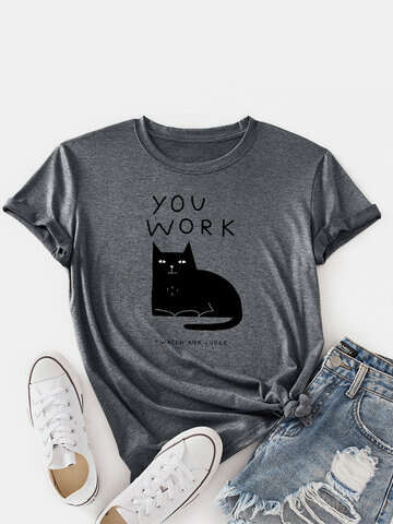 Women T-Shirts | Cat Print Short Sleeve O-neck Loose Casual T-Shirt For Women - SB24566