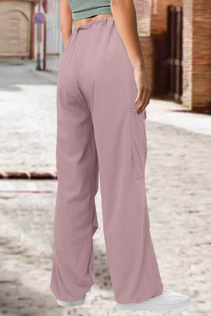 Pink Street Solid Patchwork Draw String Pocket Straight High Waist Straight Solid Color Bottoms