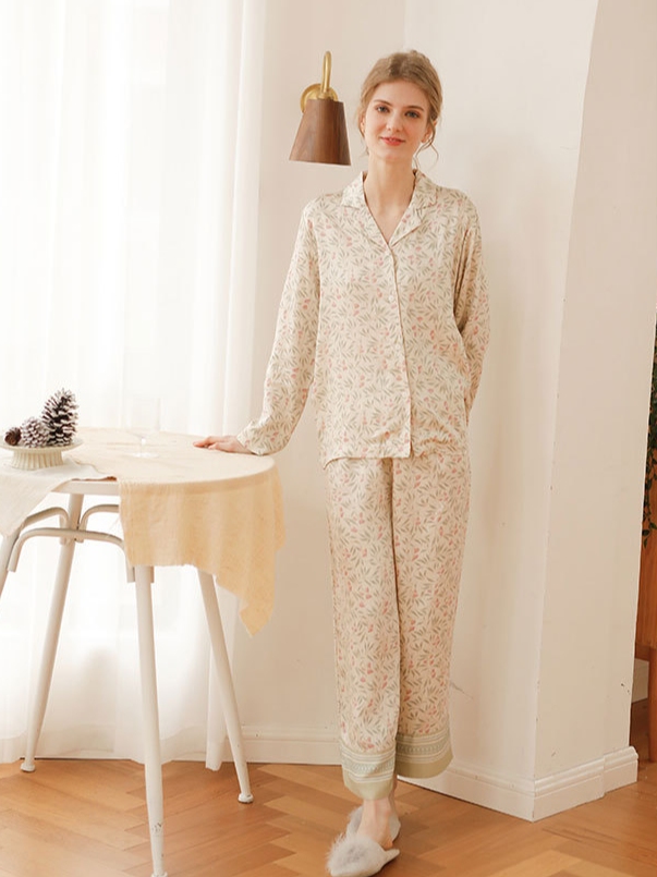 Loose V Neck Casual Floral Long Sleeve Pajama Set