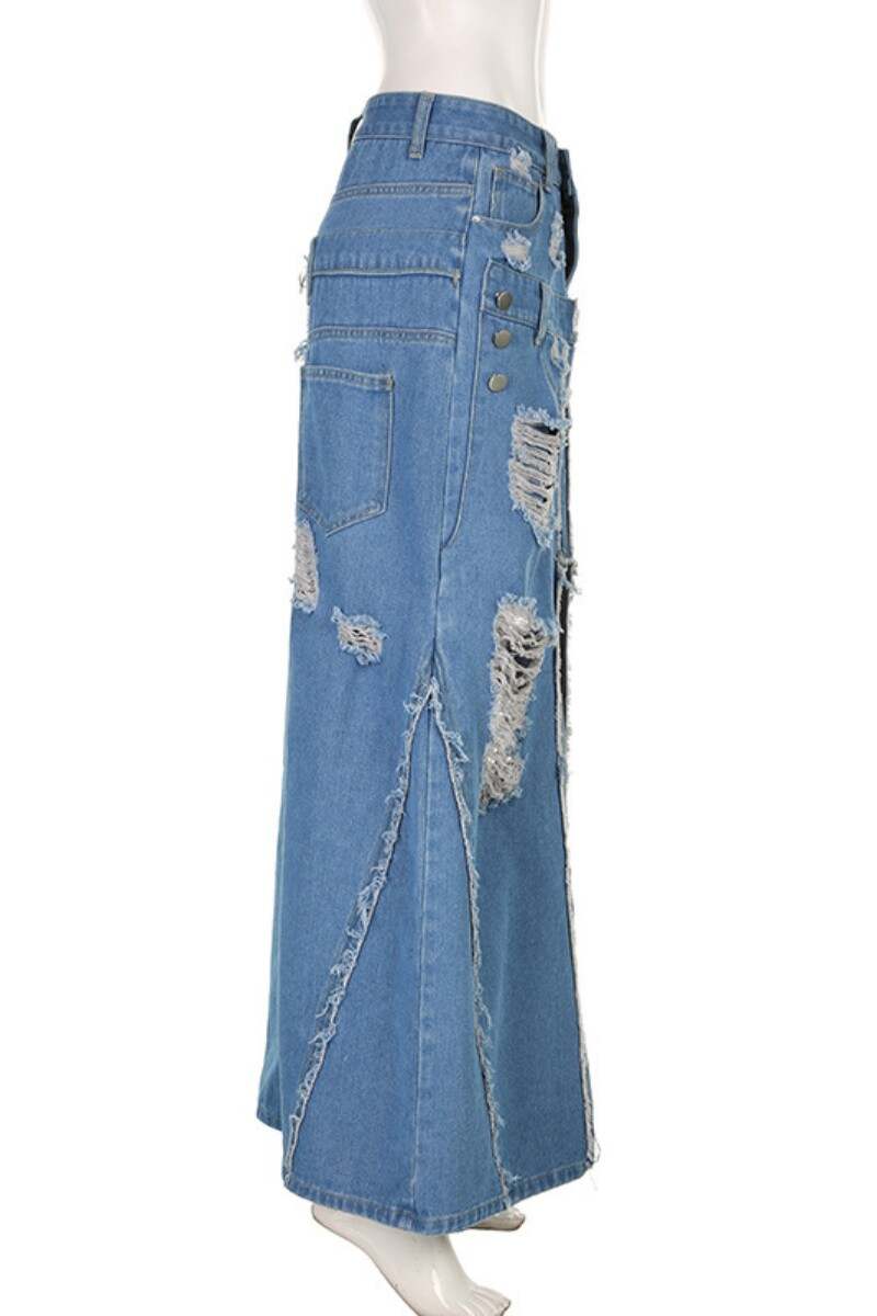 Blue Casual Solid Ripped Patchwork Slit High Waist Regular Denim Skirts