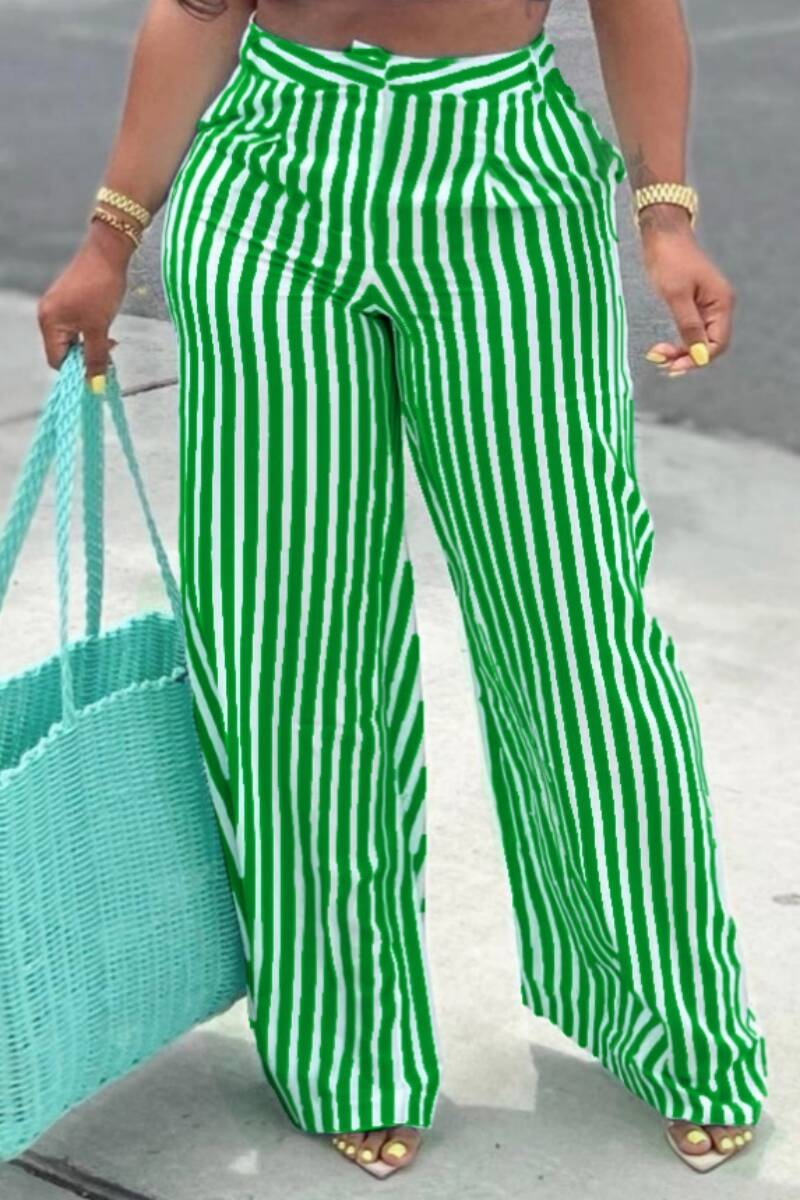 Cyan Casual Striped Print Patchwork Regular High Waist Conventional Full Print Trousers