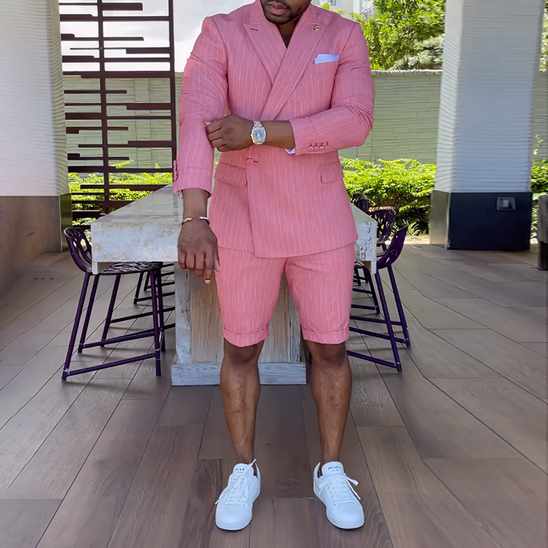 Fashion Pink Stripes Blazer And Shorts Two Piece Set