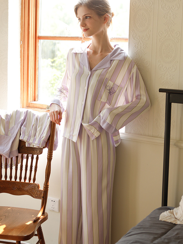 Simple Striped Shawl Collar Long Sleeve Pajama Set