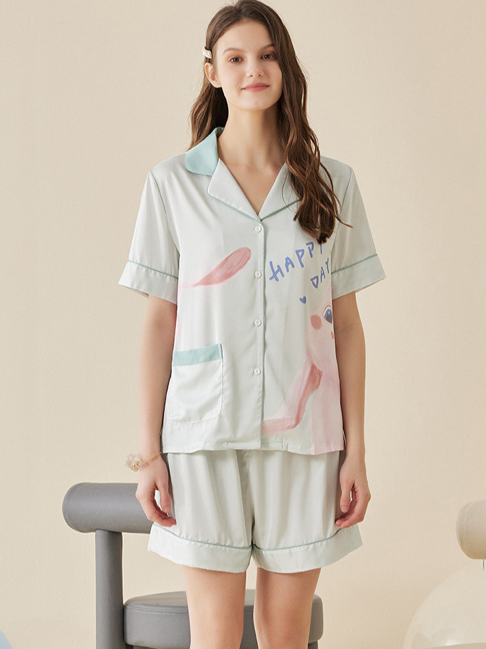 Casual  Painting Party Shawl Collar Short Sleeve Pajama Set