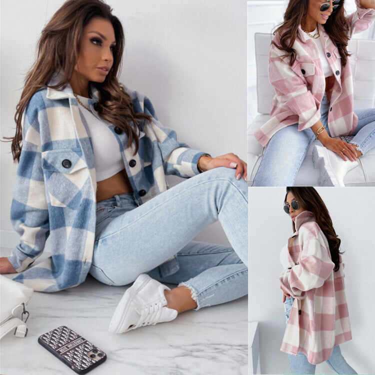 Loose Plaid Woolen Long-sleeved Jacket