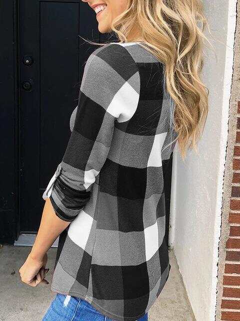 Long Sleeve Plaid Print V-neck Tops