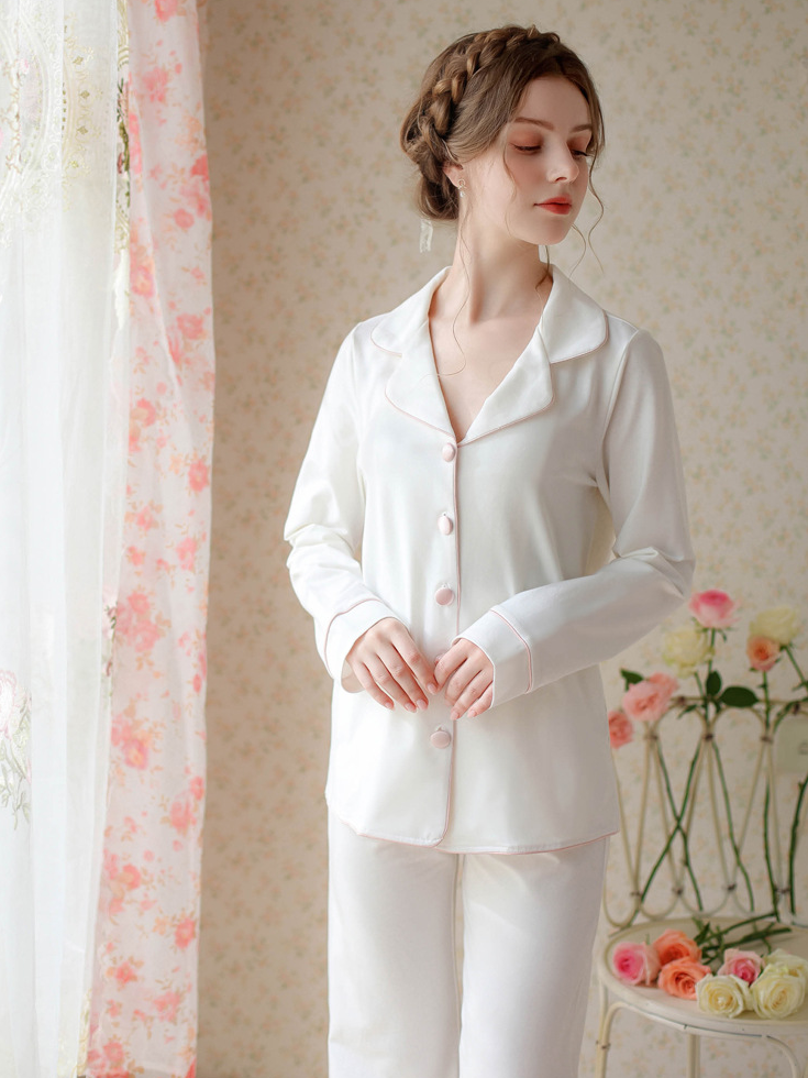 Cotton Elegant V Neck Plain  Long Sleeve Pajama Set