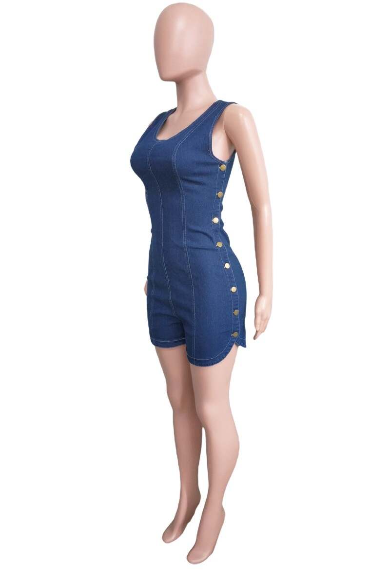 The cowboy blue Casual Solid Buttons U Neck Sleeveless Skinny Denim Romper