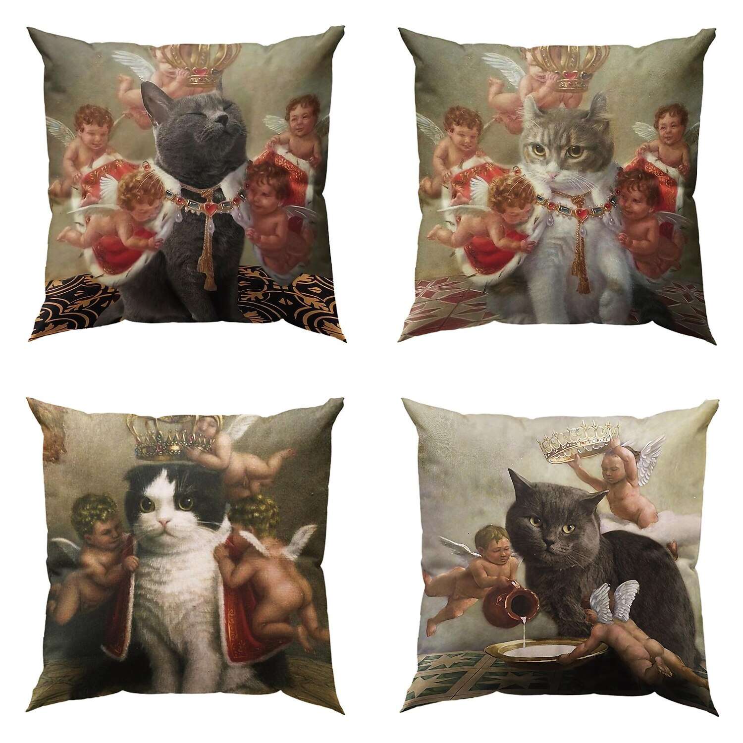 Funny Renaissance Cat Double Side Pillow Cover 4PC