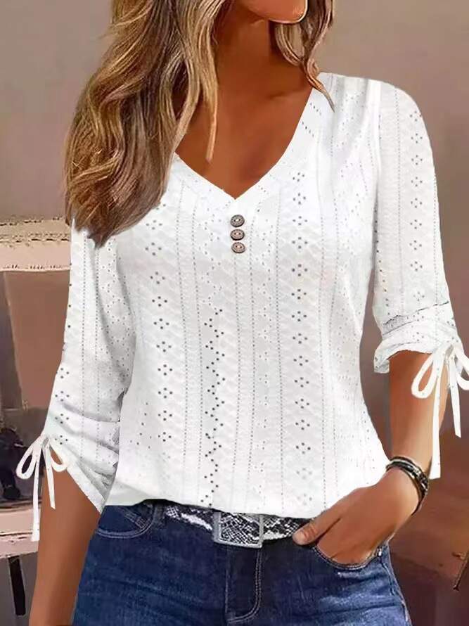 New season solid color buttoned long sleeve women's T-shirt top