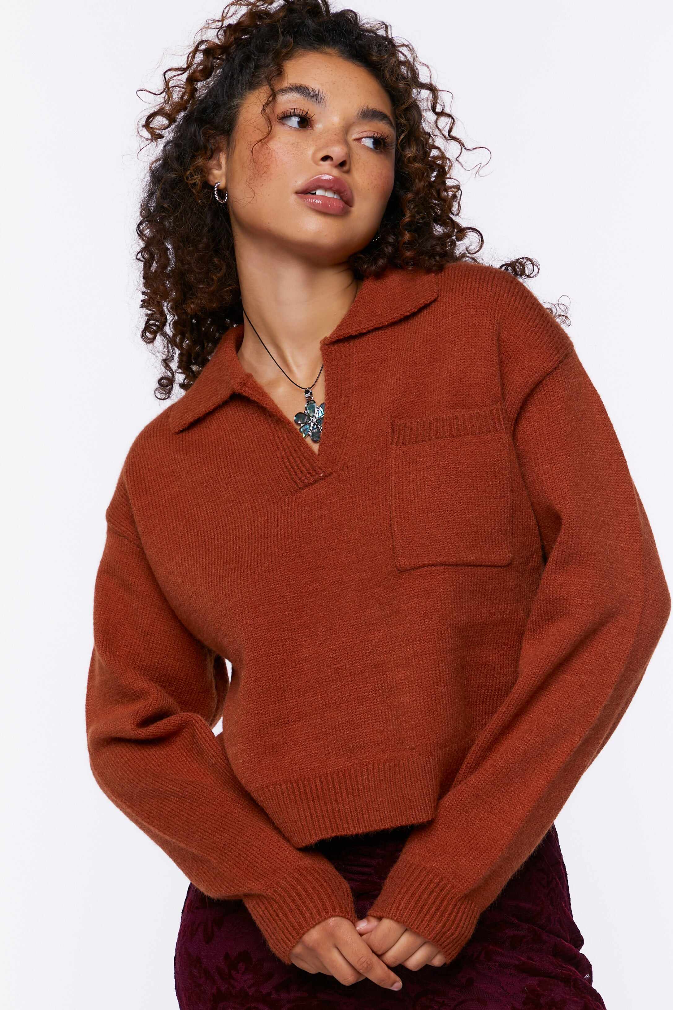 Women Apparel | Split-Neck Collared Sweater Rust Forever21 - PK25801