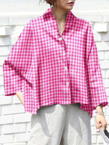 Women Blouses & Shirts | Check Print Long Sleeve Lapel Loose Button Down Shirt - SX38971