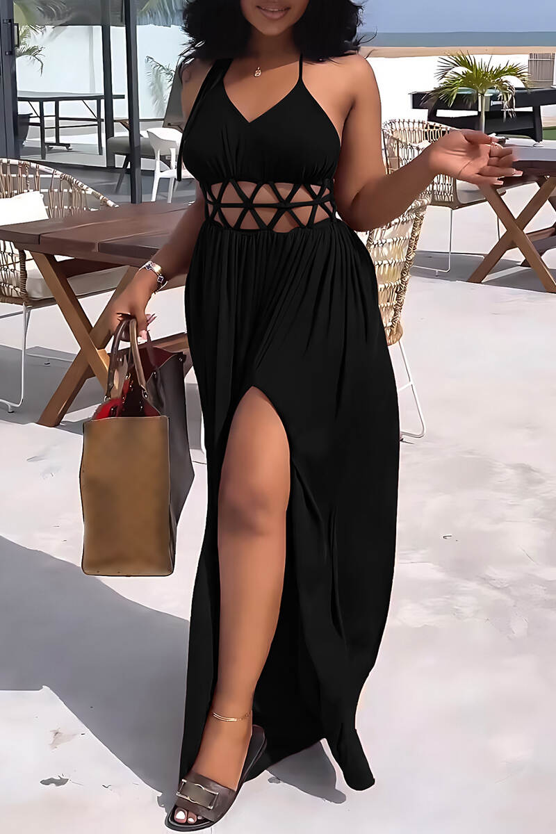 Black Sexy Casual Solid Bandage Hollowed Out Backless Spaghetti Strap Long Dress Dresses